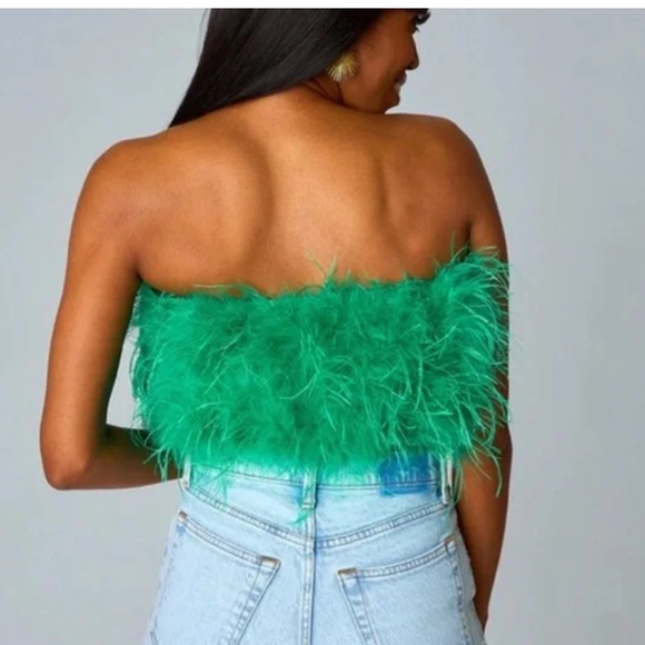 Buddy Love- SZ S Green Fancy Strapless Feather Crop Top - Picture 7 of 9